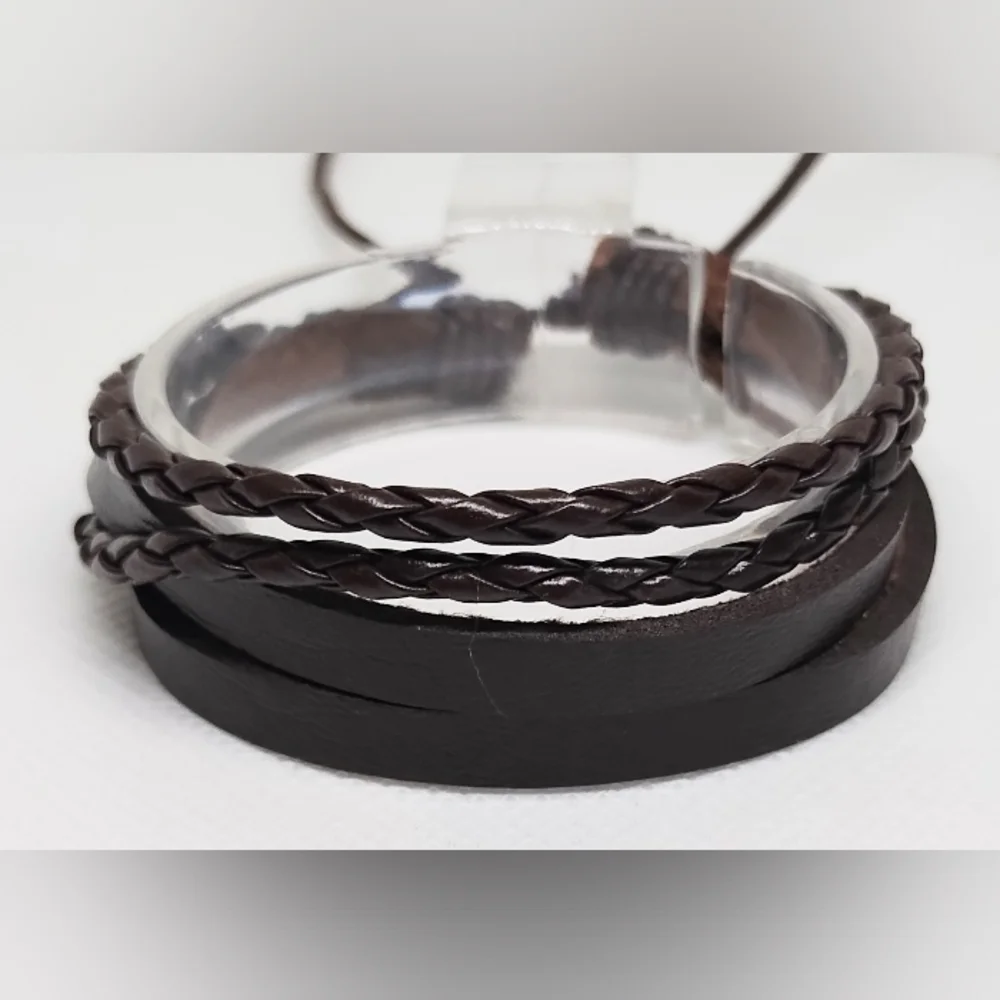Men's Bracelet Leather Braided Brown Layered New f20